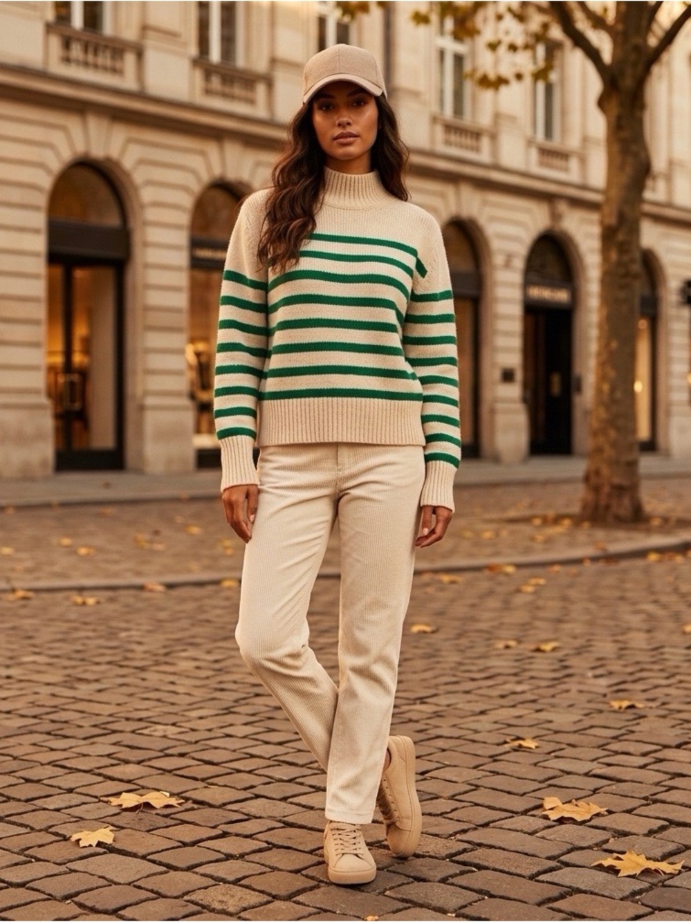 &merci Cream Green Striped Mock Neck Knit Sweater Medium